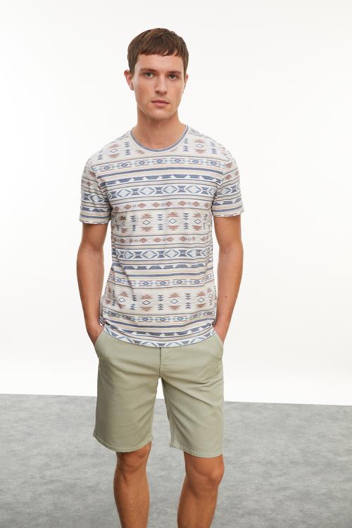  ETNİK BASKILI BİSİKLET YAKA T-SHIRT