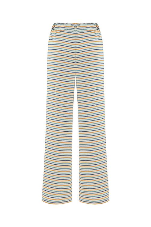  Kadın Ekru Çizgili Wide Leg Pantolon