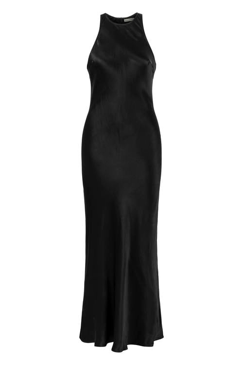  SATEN GÖRÜNÜMLÜ HALTER YAKA MİDİ ELBİSE