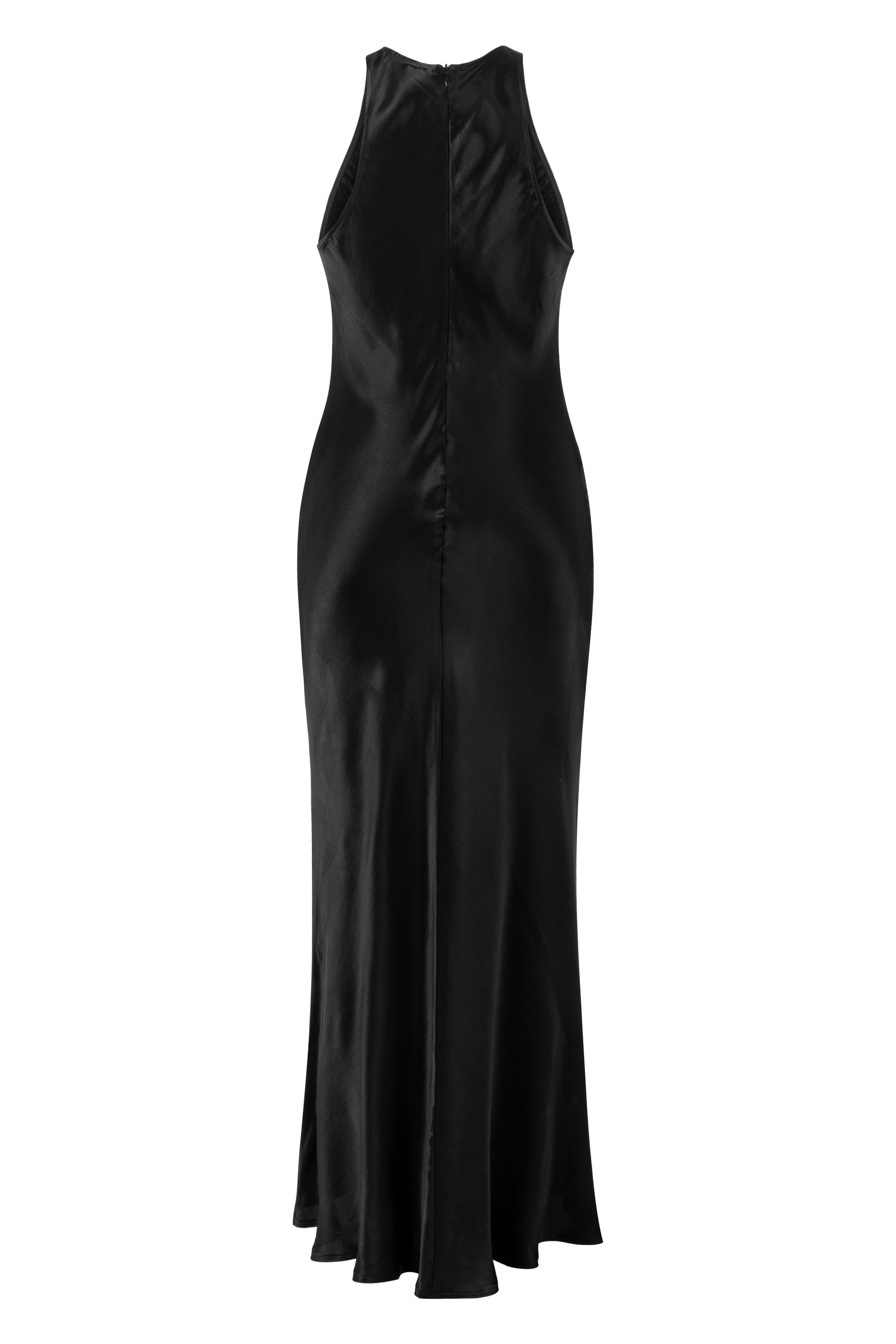 SATEN GÖRÜNÜMLÜ HALTER YAKA MİDİ ELBİSE