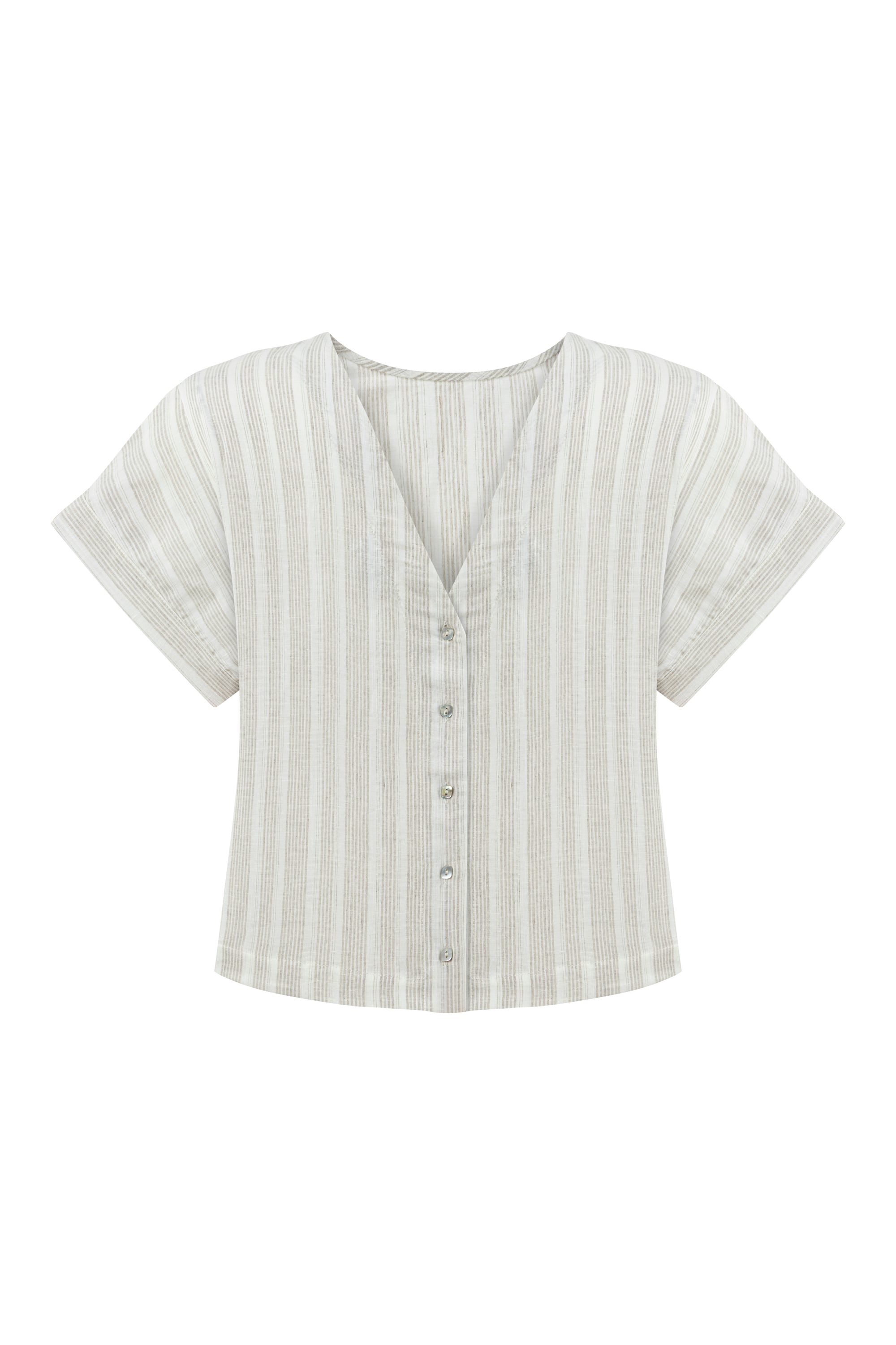 ÇİZGİLİ KETEN KARIŞIMLI KAYIK YAKA BLUZ