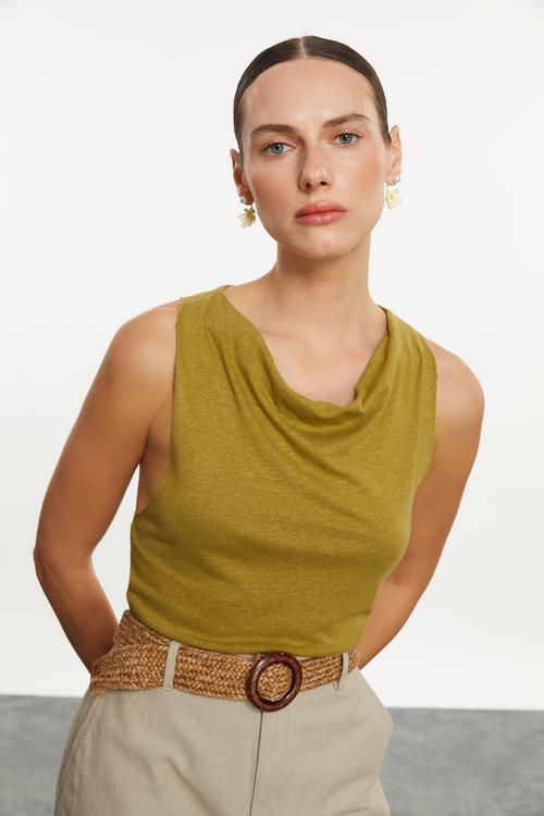  KETEN KARIŞIMLI DEGAJE YAKA BLUZ