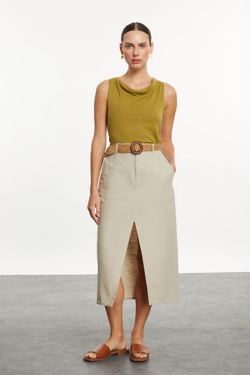  KETEN KARIŞIMLI DEGAJE YAKA BLUZ