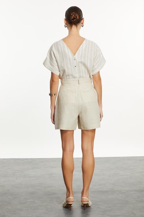  ÇİZGİLİ KETEN KARIŞIMLI KAYIK YAKA BLUZ