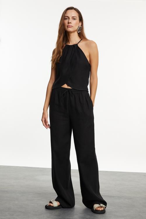  BAĞLAMA DETAYLI HALTER YAKA KETEN BLUZ