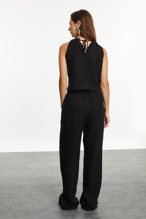  BAĞLAMA DETAYLI HALTER YAKA KETEN BLUZ