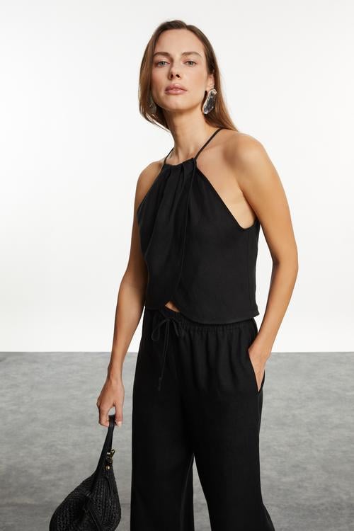  BAĞLAMA DETAYLI HALTER YAKA KETEN BLUZ