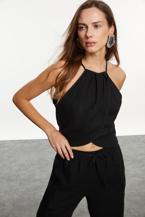  BAĞLAMA DETAYLI HALTER YAKA KETEN BLUZ