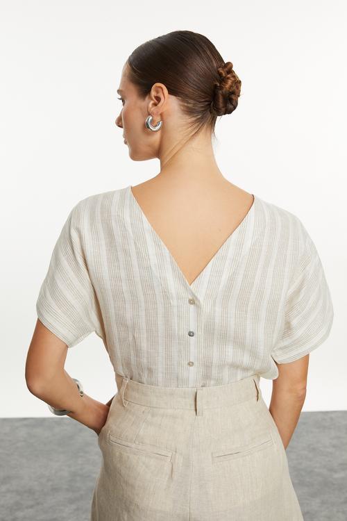  ÇİZGİLİ KETEN KARIŞIMLI KAYIK YAKA BLUZ