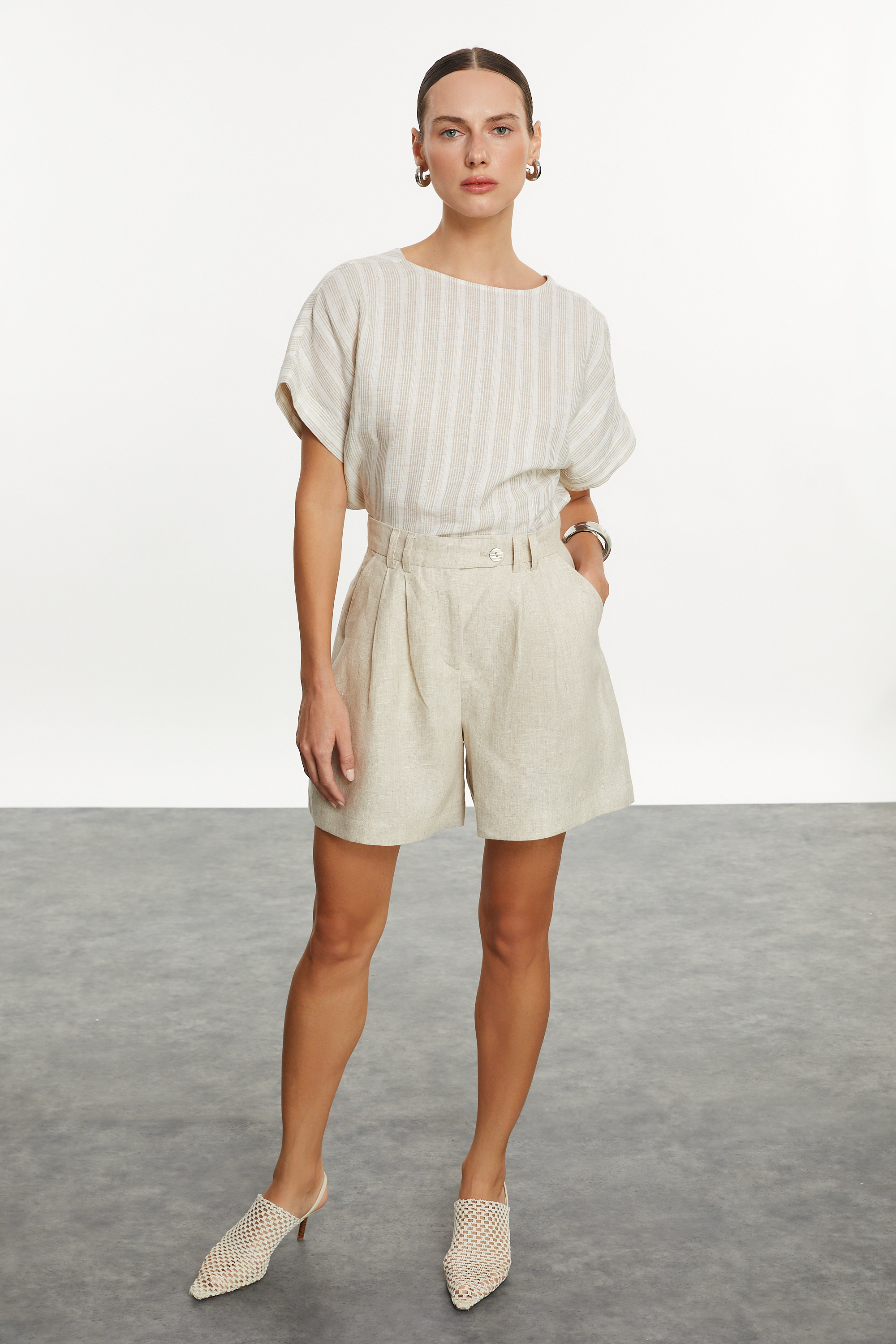 ÇİZGİLİ KETEN KARIŞIMLI KAYIK YAKA BLUZ