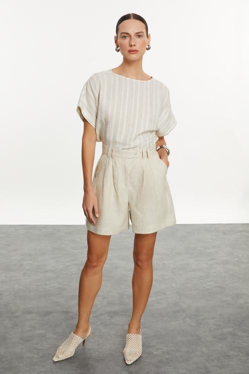  ÇİZGİLİ KETEN KARIŞIMLI KAYIK YAKA BLUZ