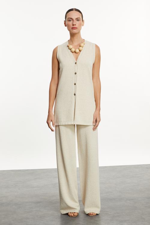  V YAKA KETEN KARIŞIMLI BLUZ