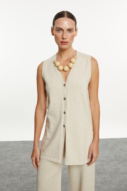  V YAKA KETEN KARIŞIMLI BLUZ