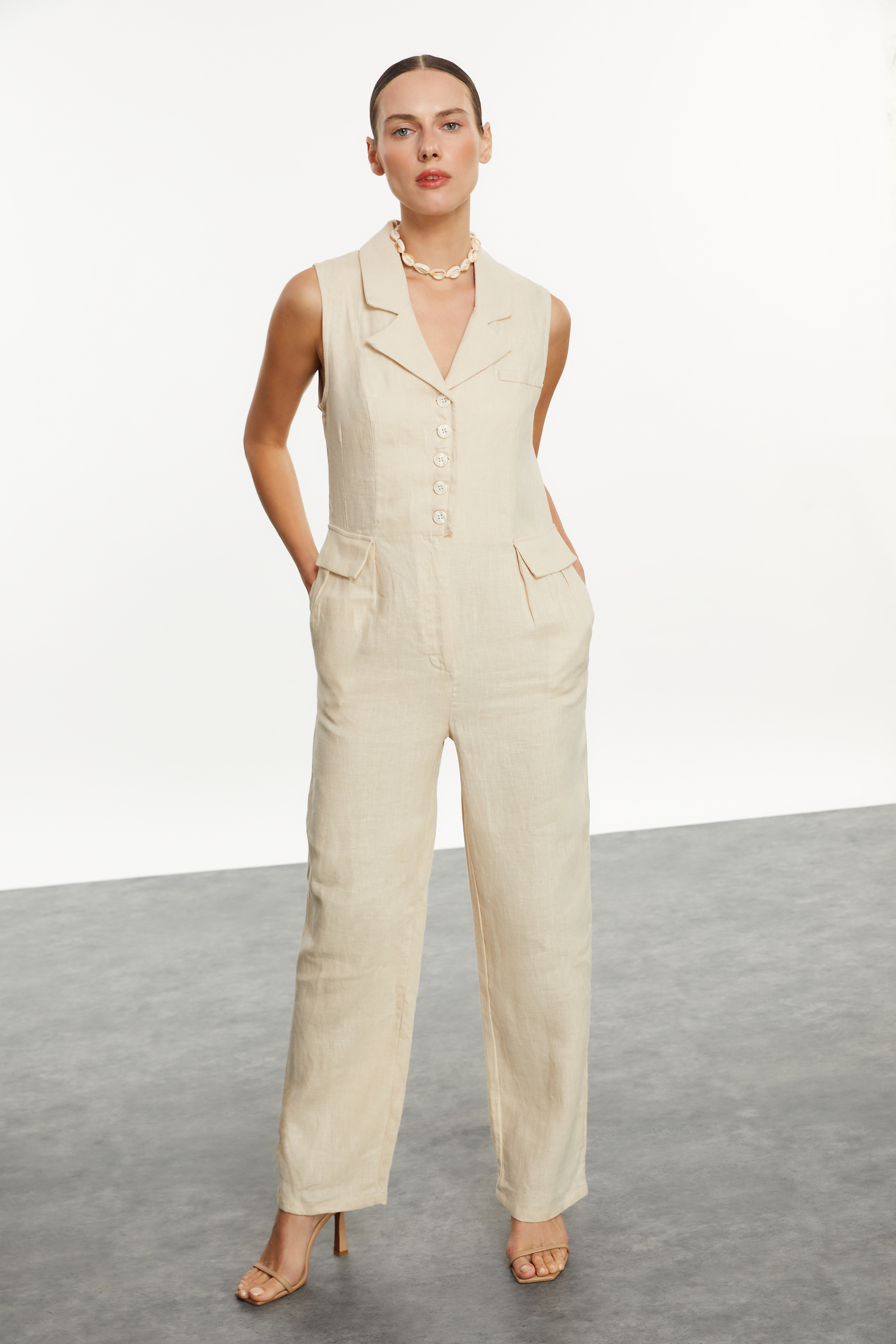 KETEN V YAKA CEPLİ UZUN TULUM