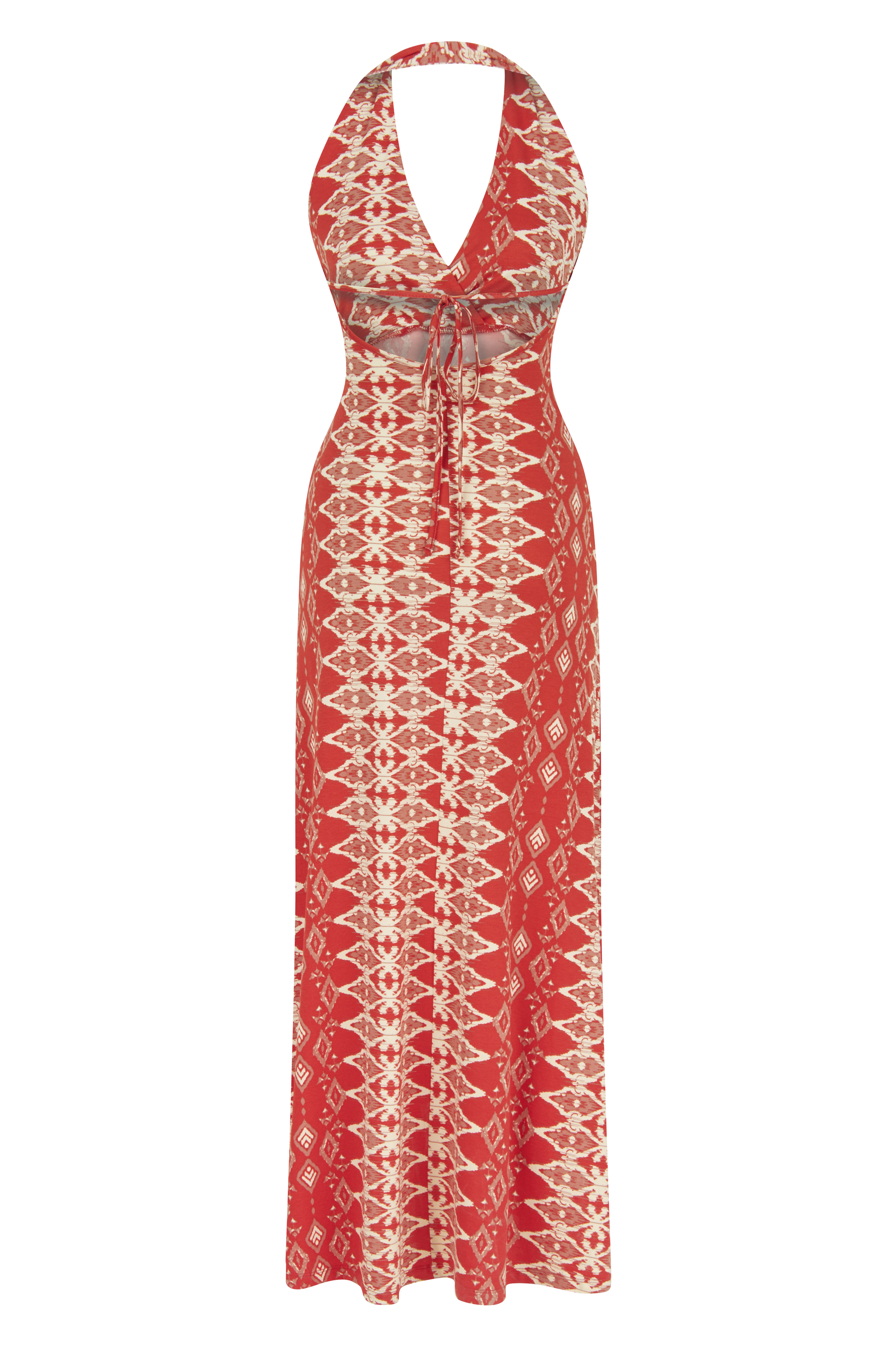 BOYUNDAN BAĞLAMALI BASKILI UZUN ELBİSE