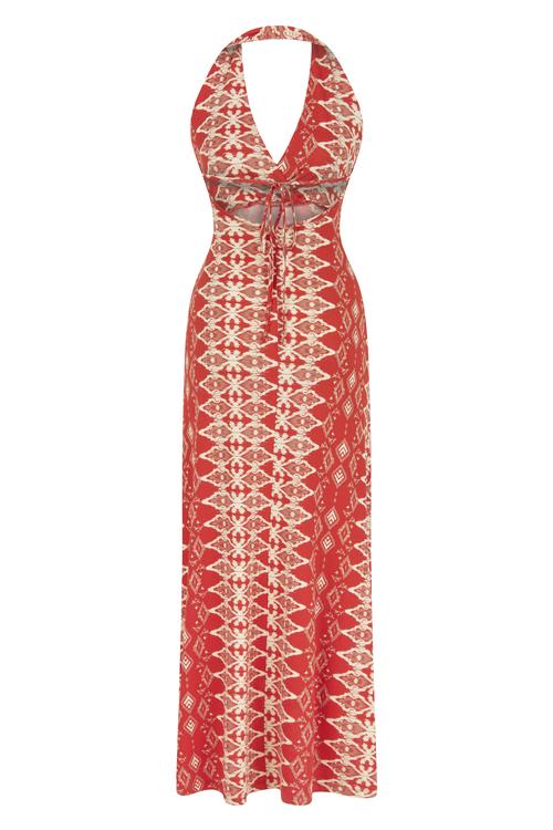  BOYUNDAN BAĞLAMALI BASKILI UZUN ELBİSE