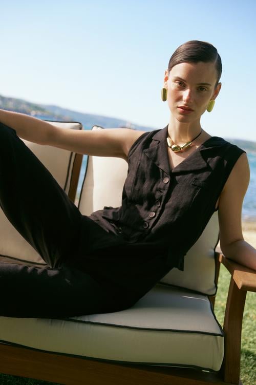  KETEN V YAKA CEPLİ UZUN TULUM