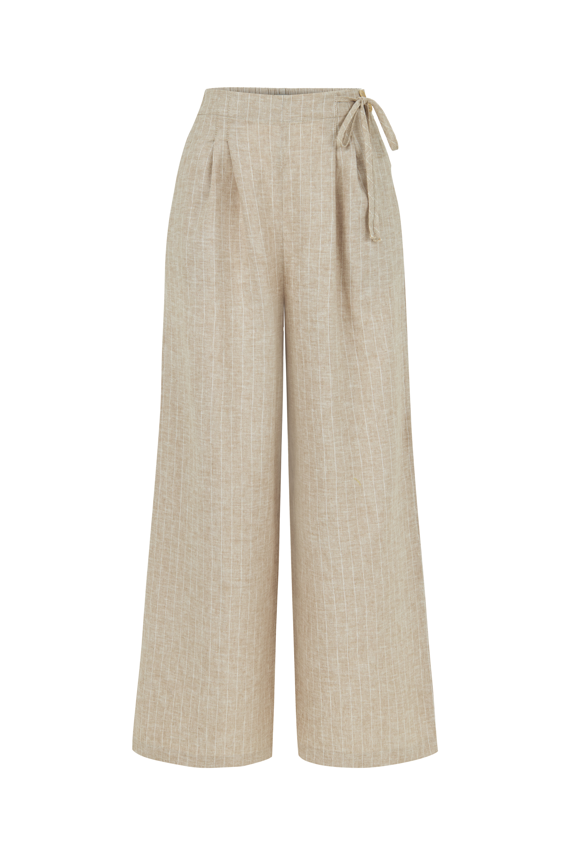 KETEN KARIŞIMLI ÇİZGİLİ BAĞLAMA DETAYLI PANTOLON
