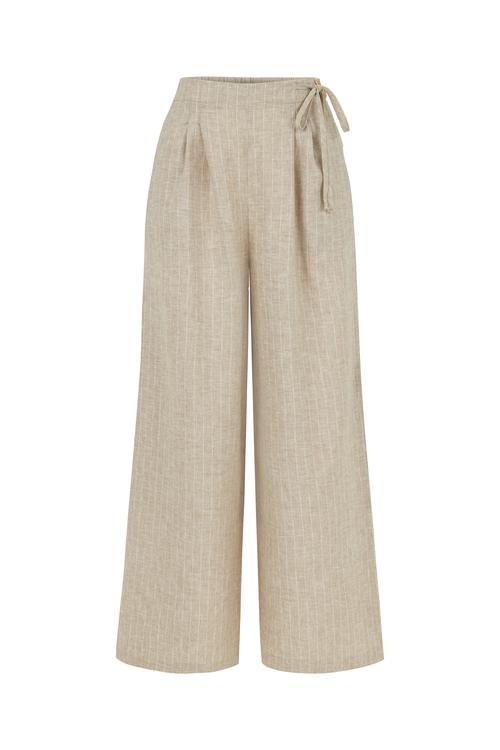  KETEN KARIŞIMLI ÇİZGİLİ BAĞLAMA DETAYLI PANTOLON