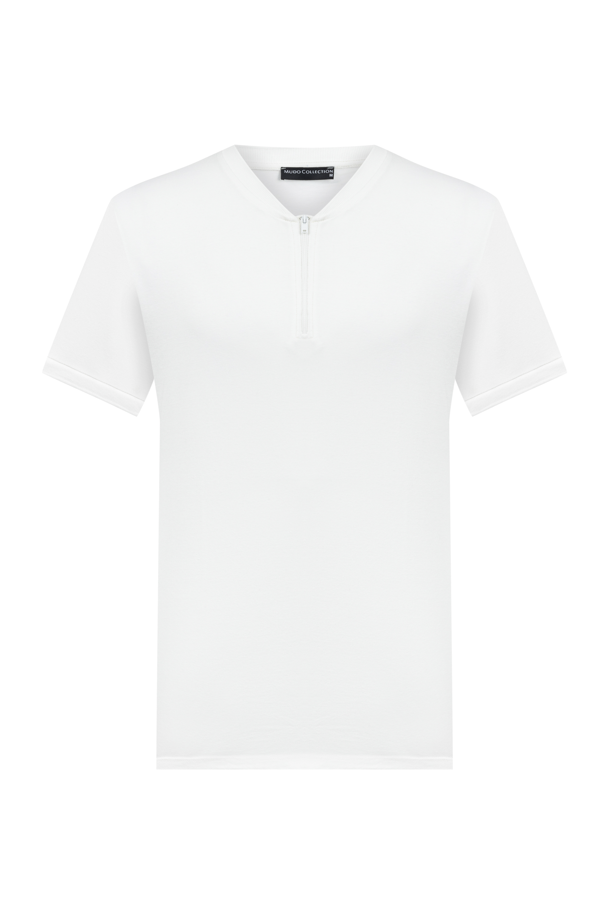 Erkek Beyaz Fermuarlı V Yaka Kısa Kollu T-Shirt