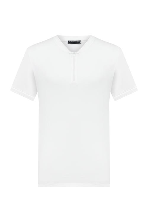 Erkek Beyaz Fermuarlı V Yaka Kısa Kollu T-Shirt