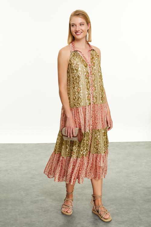  ETNİK BASKILI KOLSUZ UZUN ELBİSE