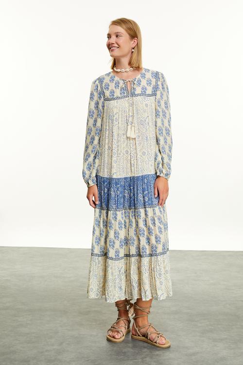  ETNİK BASKILI UZUN ELBİSE