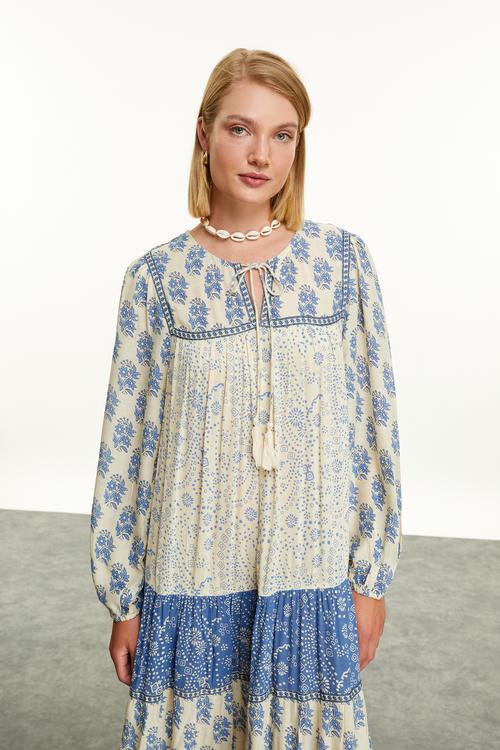  ETNİK BASKILI UZUN ELBİSE