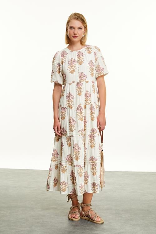  ETNİK BASKILI MİDİ ELBİSE