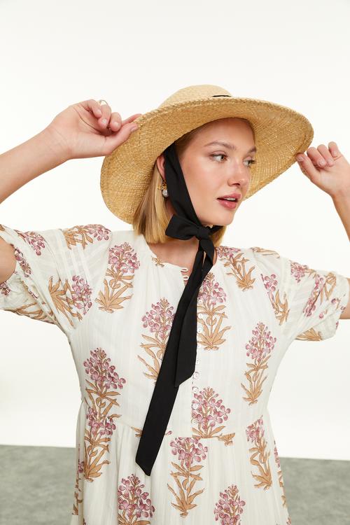  ETNİK BASKILI MİDİ ELBİSE