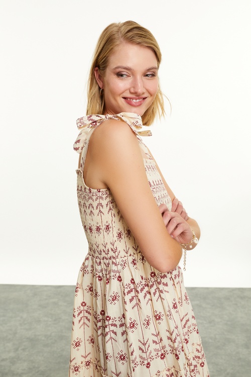  ETNİK BASKILI ASKILI UZUN ELBİSE