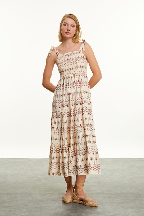  ETNİK BASKILI ASKILI UZUN ELBİSE