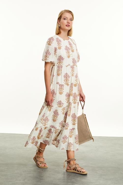  ETNİK BASKILI MİDİ ELBİSE