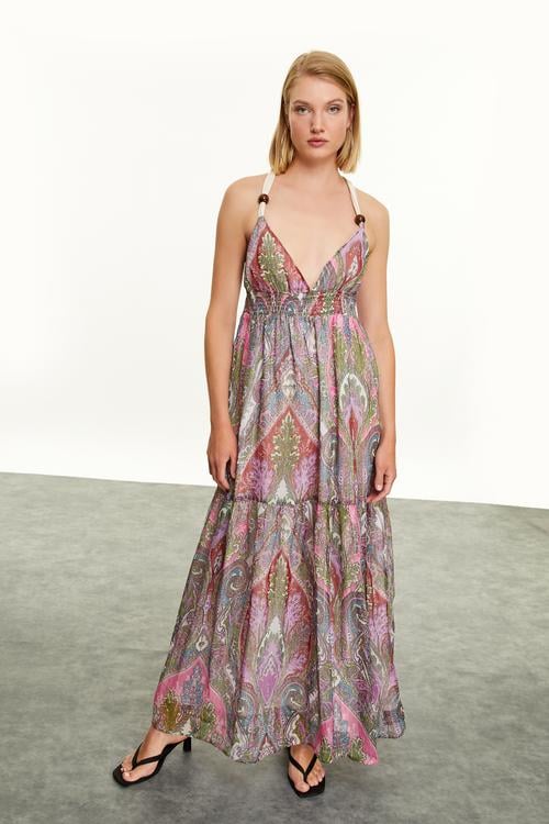  BOYUNDAN BAĞLAMALI BASKILI UZUN ELBİSE