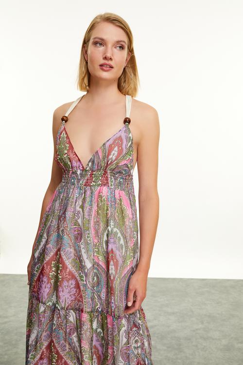  BOYUNDAN BAĞLAMALI BASKILI UZUN ELBİSE