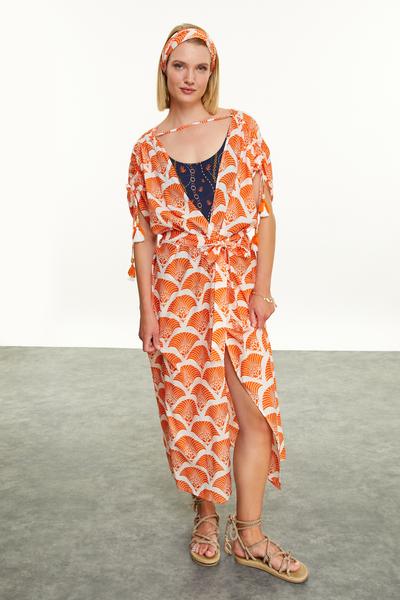 Mudo Etnik Desenli Kisa Kollu Kimono