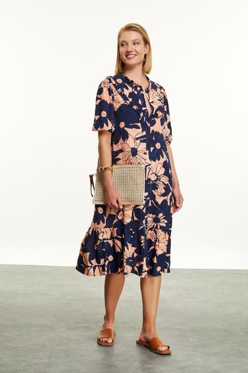  ÇİÇEK BASKILI VİSKON MİDİ ELBİSE