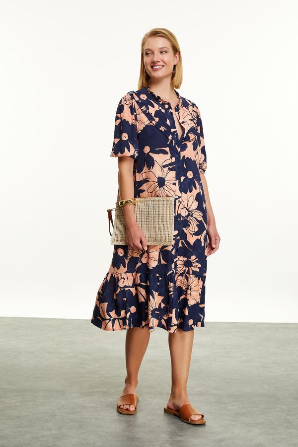 ÇİÇEK BASKILI VİSKON MİDİ ELBİSE