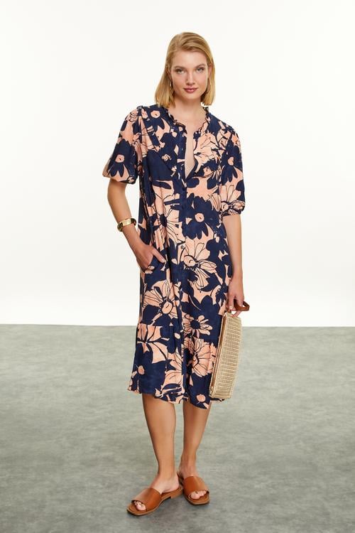  ÇİÇEK BASKILI VİSKON MİDİ ELBİSE