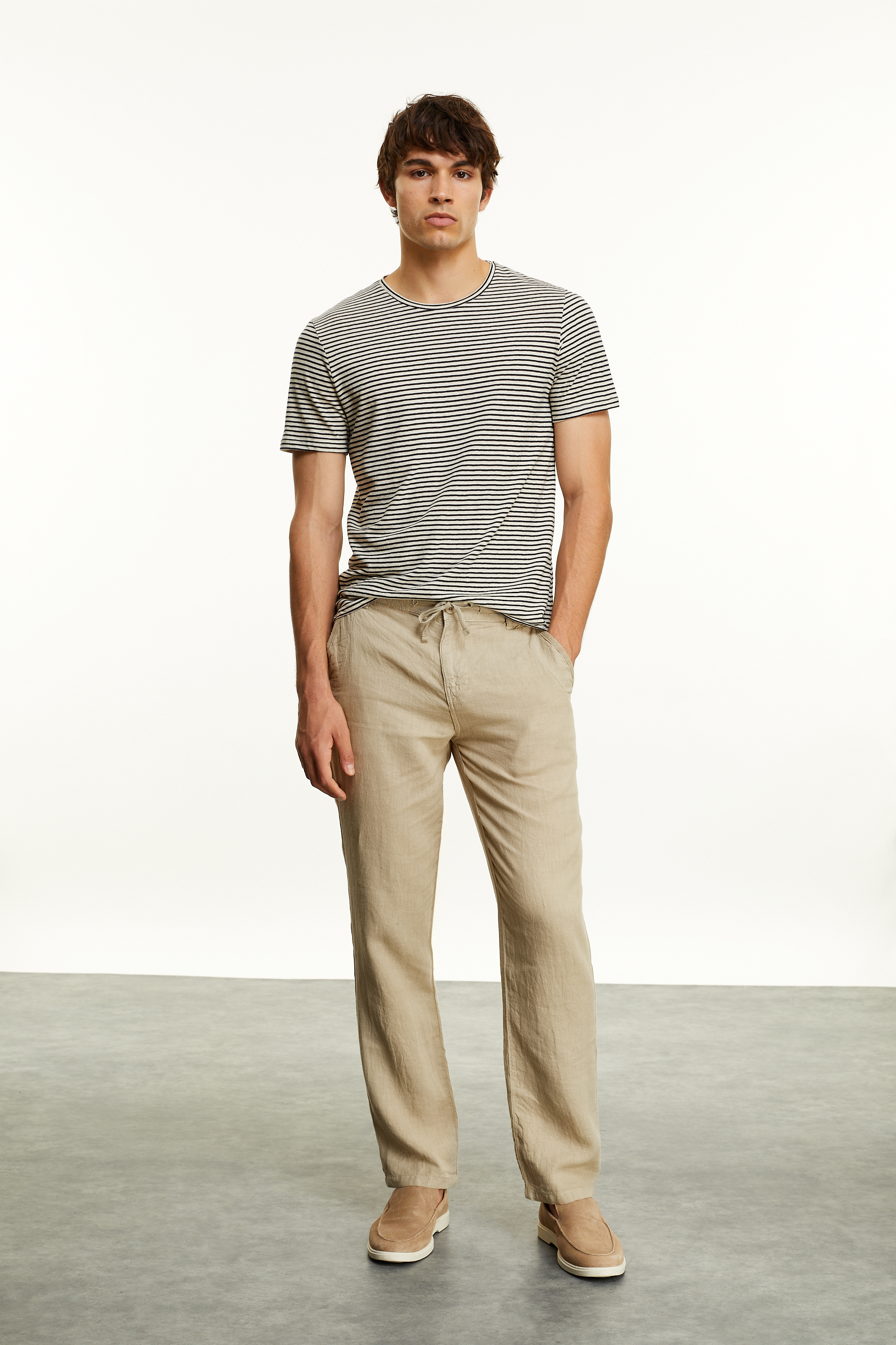 Erkek Bej Rengi Straight Fit Keten Pantolon