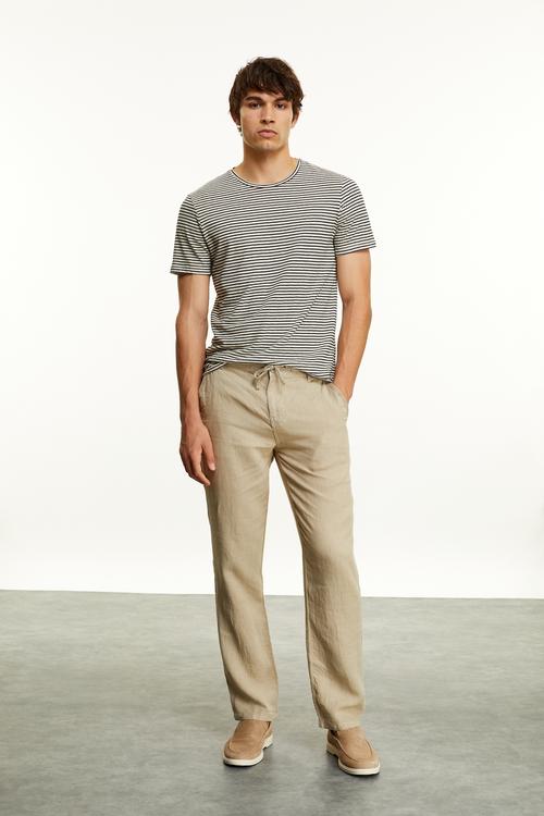  Erkek Bej Rengi Straight Fit Keten Pantolon