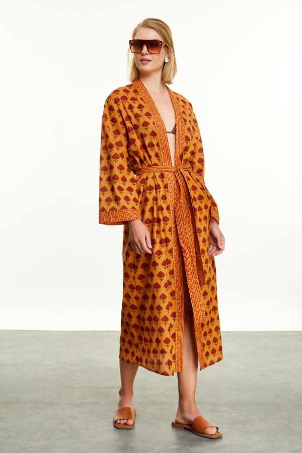 ETNİK BASKILI UZUN KOLLU KİMONO
