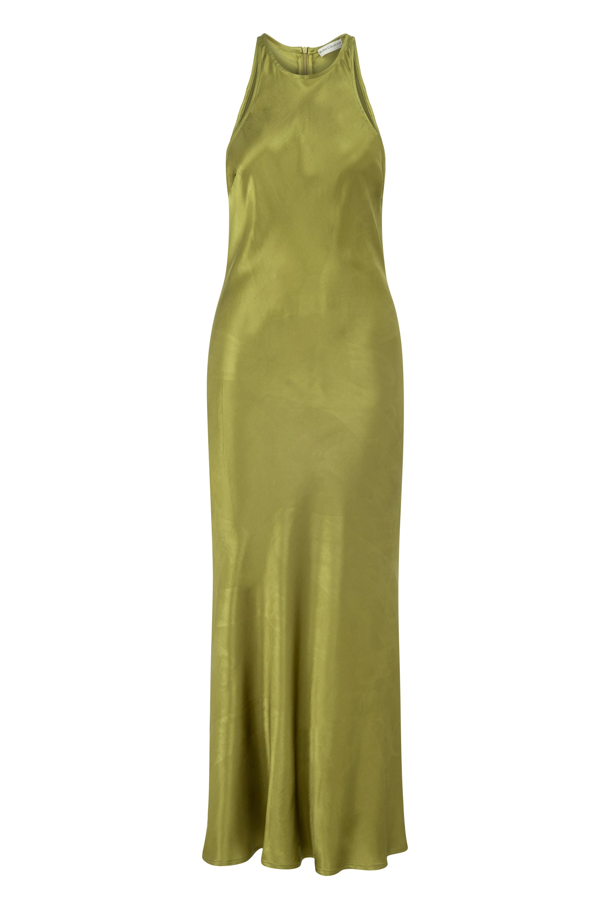 SATEN GÖRÜNÜMLÜ HALTER YAKA MİDİ ELBİSE