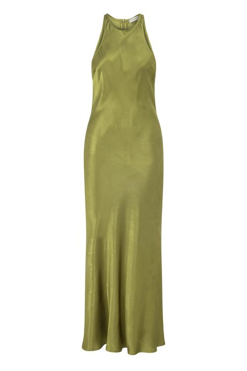  SATEN GÖRÜNÜMLÜ HALTER YAKA MİDİ ELBİSE