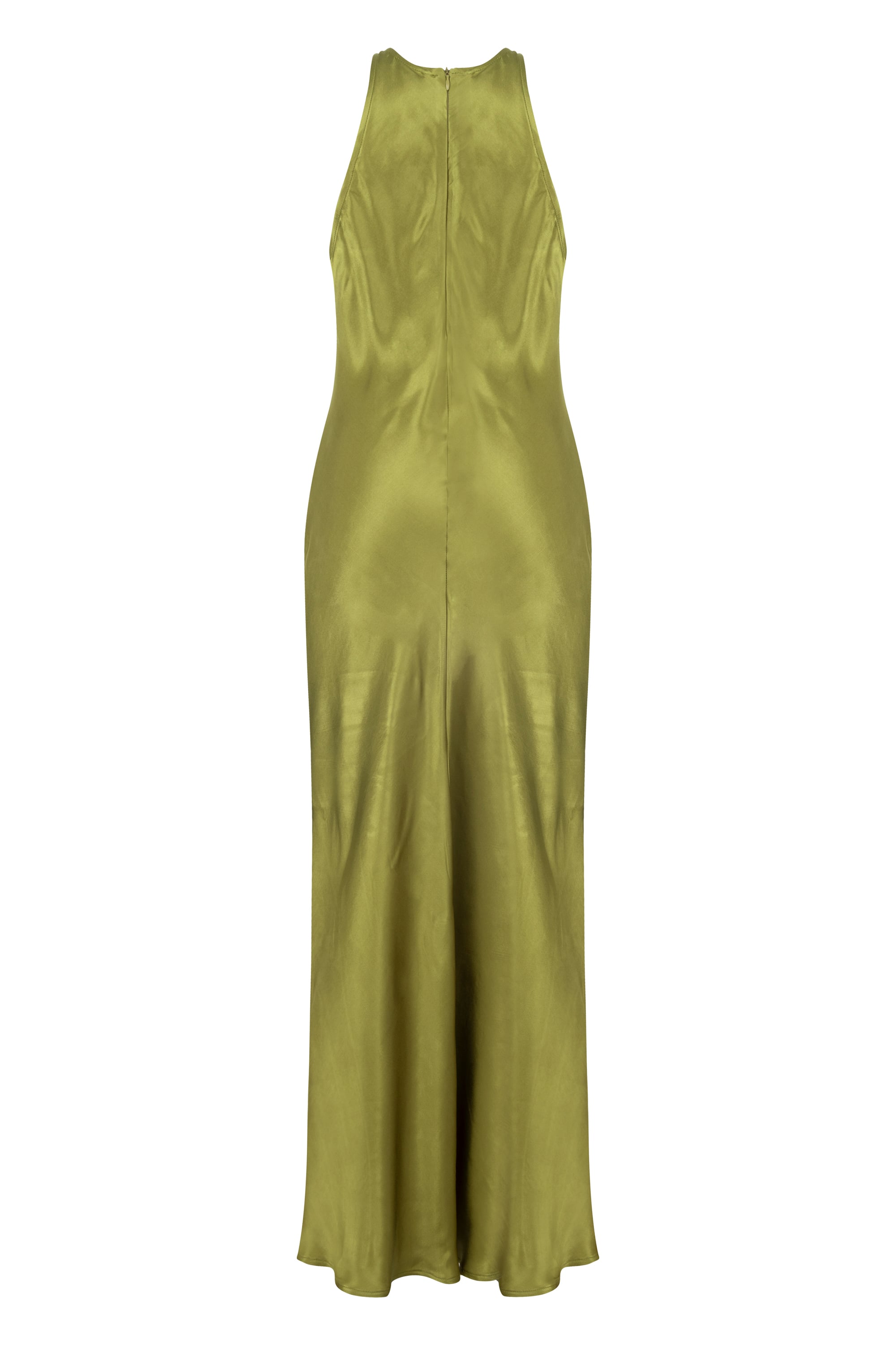 SATEN GÖRÜNÜMLÜ HALTER YAKA MİDİ ELBİSE