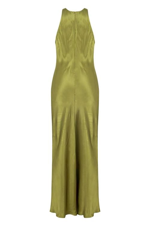  SATEN GÖRÜNÜMLÜ HALTER YAKA MİDİ ELBİSE