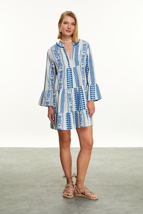  PAMUKLU V YAKA ETNİK NAKIŞLI MİNİ ELBİSE