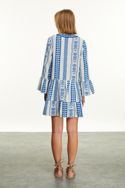  PAMUKLU V YAKA ETNİK NAKIŞLI MİNİ ELBİSE