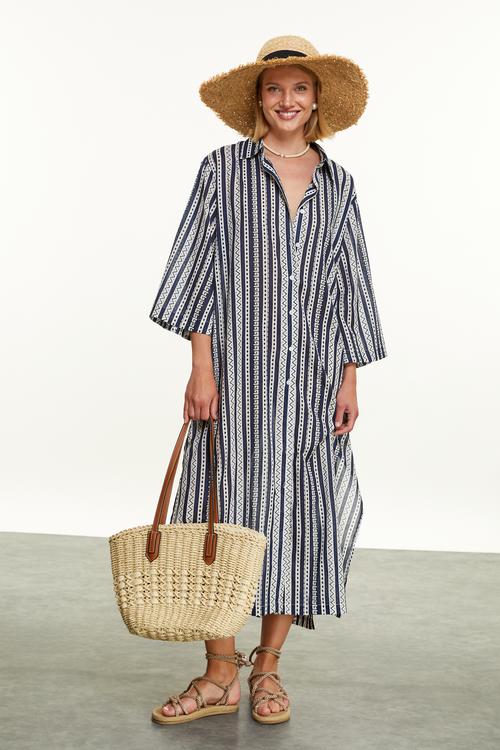  ETNİK BASKILI UZUN GÖMLEK ELBİSE