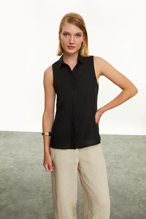  REGULAR FIT KOLSUZ KETEN GÖMLEK